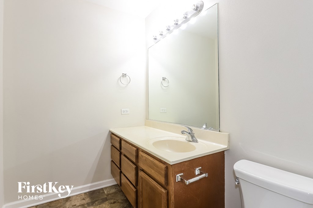 a bathroom with a sink and a mirror and a toilet