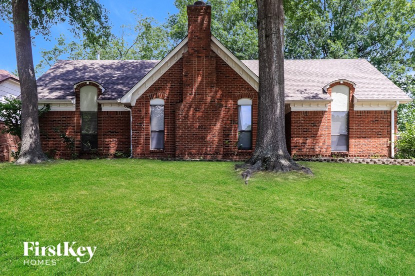 a red brick house with a tree in the yard