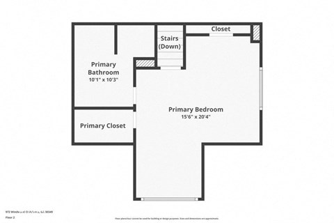 A floor plan for a home with a primary bedroom, bathroom, closet, and stairs.
