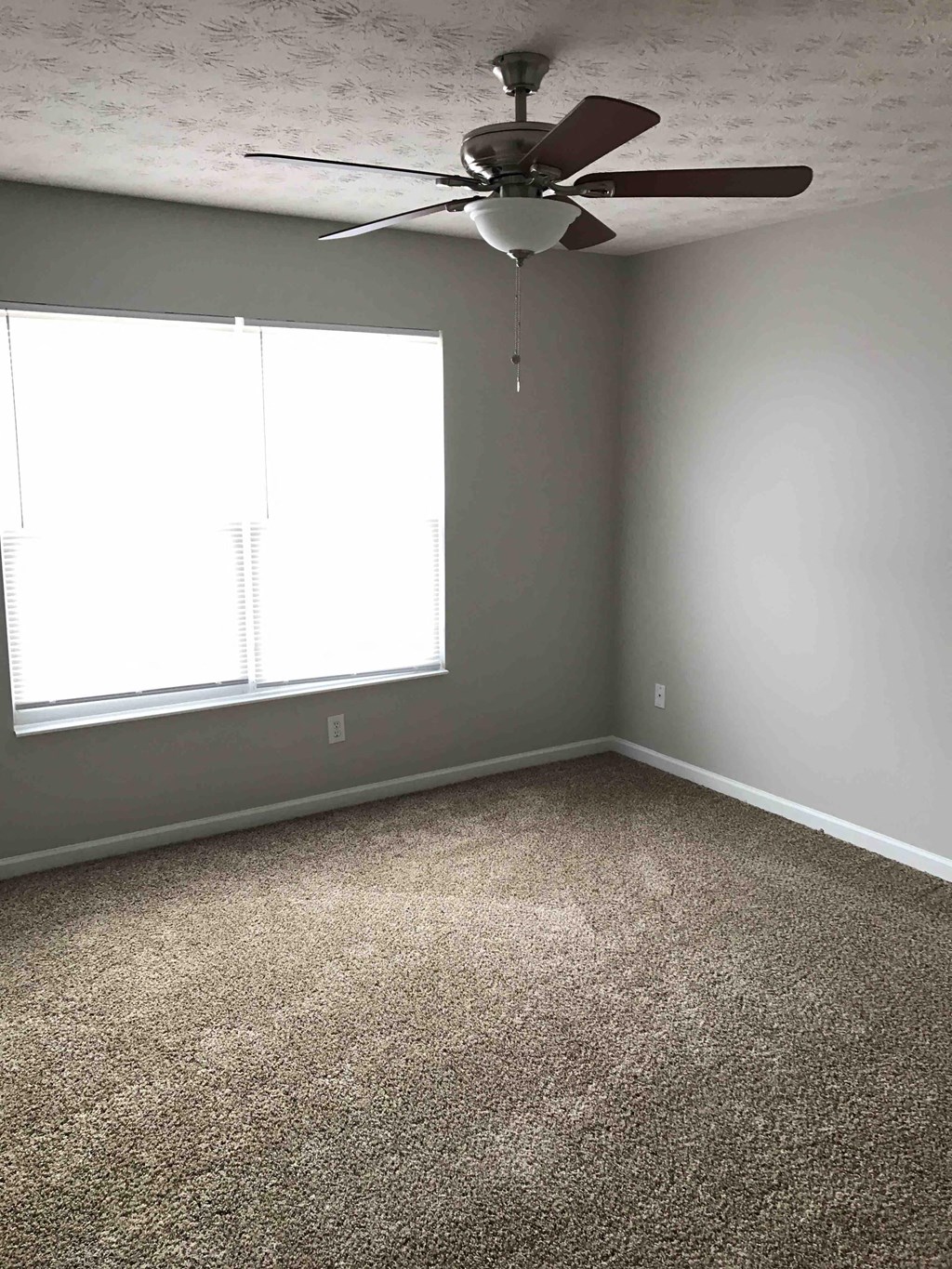 an empty room with a ceiling fan and two windows