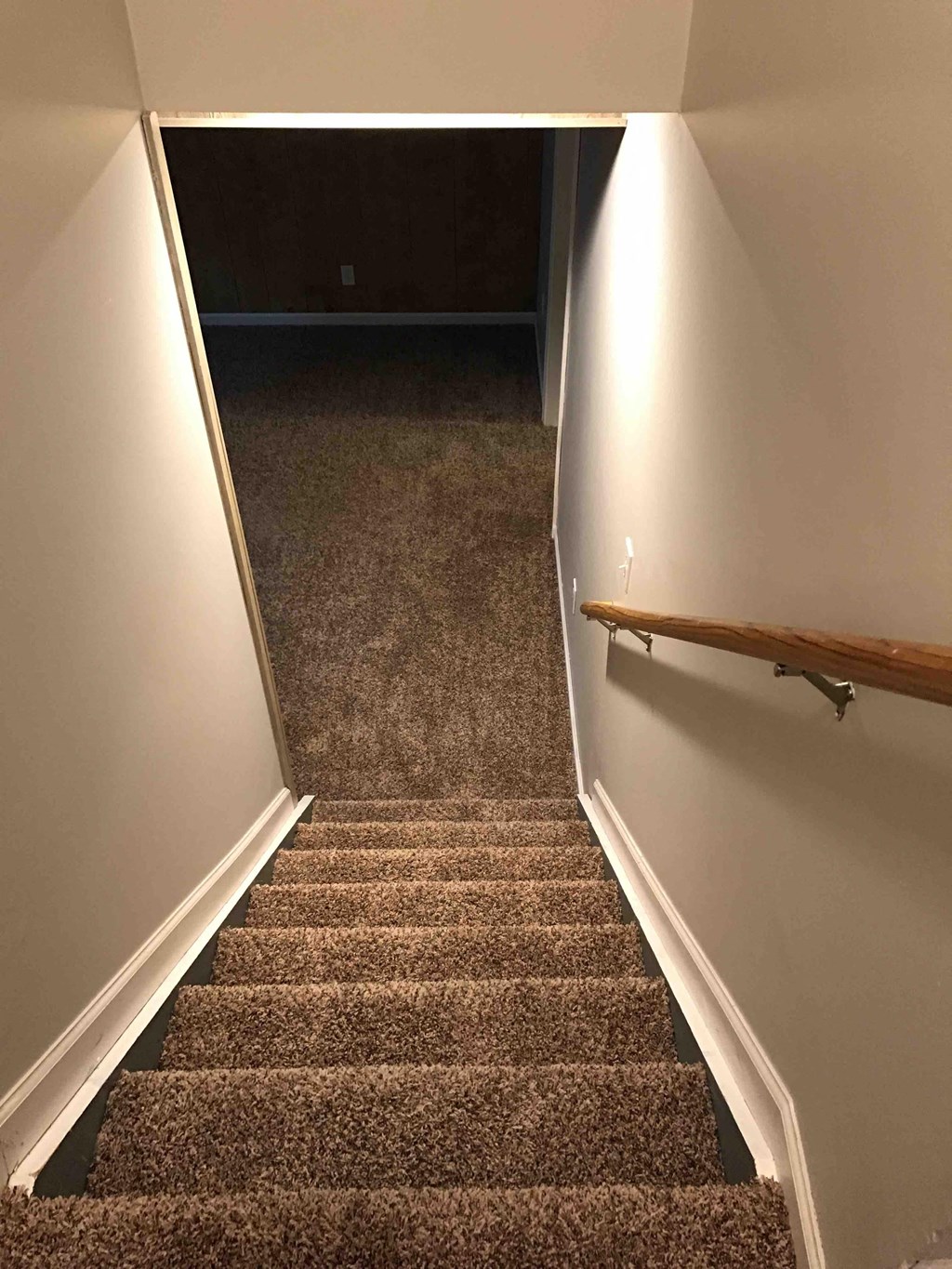 a carpeted stairway with a wooden rail and carpeted stairs in a hallway