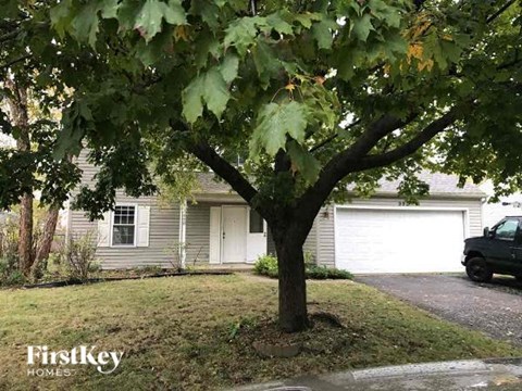 a tree in a yard in front of a house