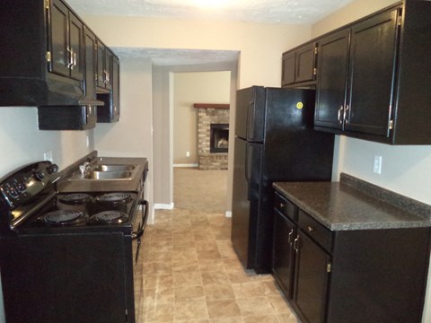 a kitchen with black cabinets and a stove and a refrigerator
