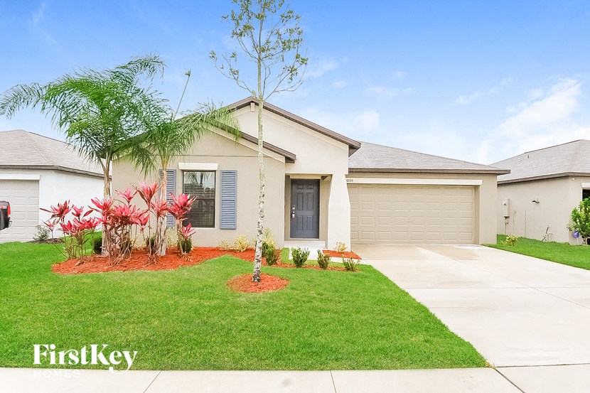 a home with a lawn and palm tree in front of it