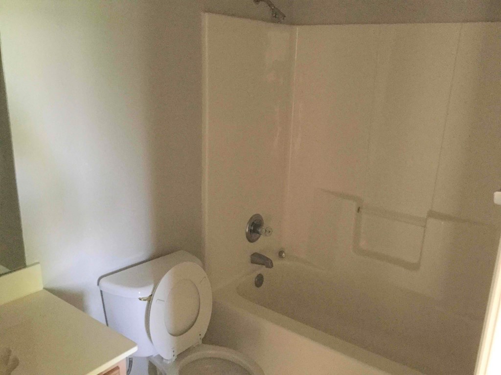 a white bathroom with a toilet and a tub