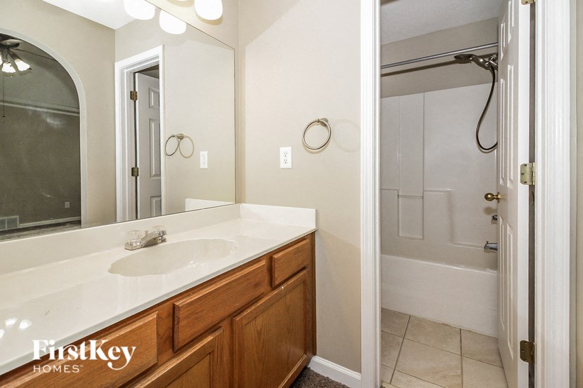 a bathroom with a sink and a shower and a mirror