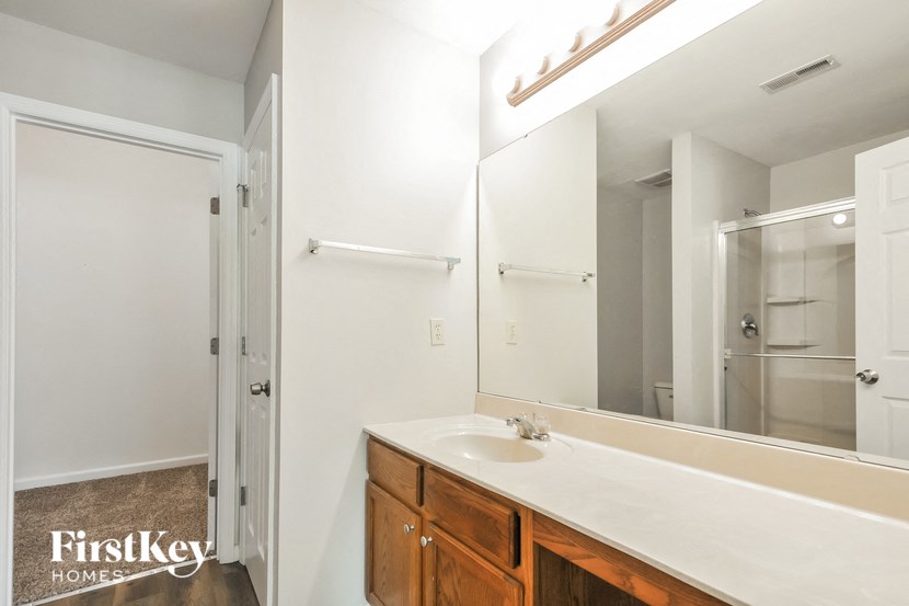 a bathroom with a sink and a mirror and a shower