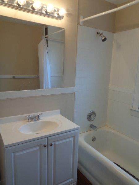 a bathroom with a sink and a tub and a mirror