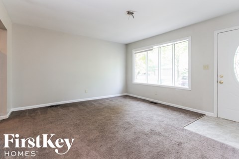 a bedroom with a carpeted floor and a large window