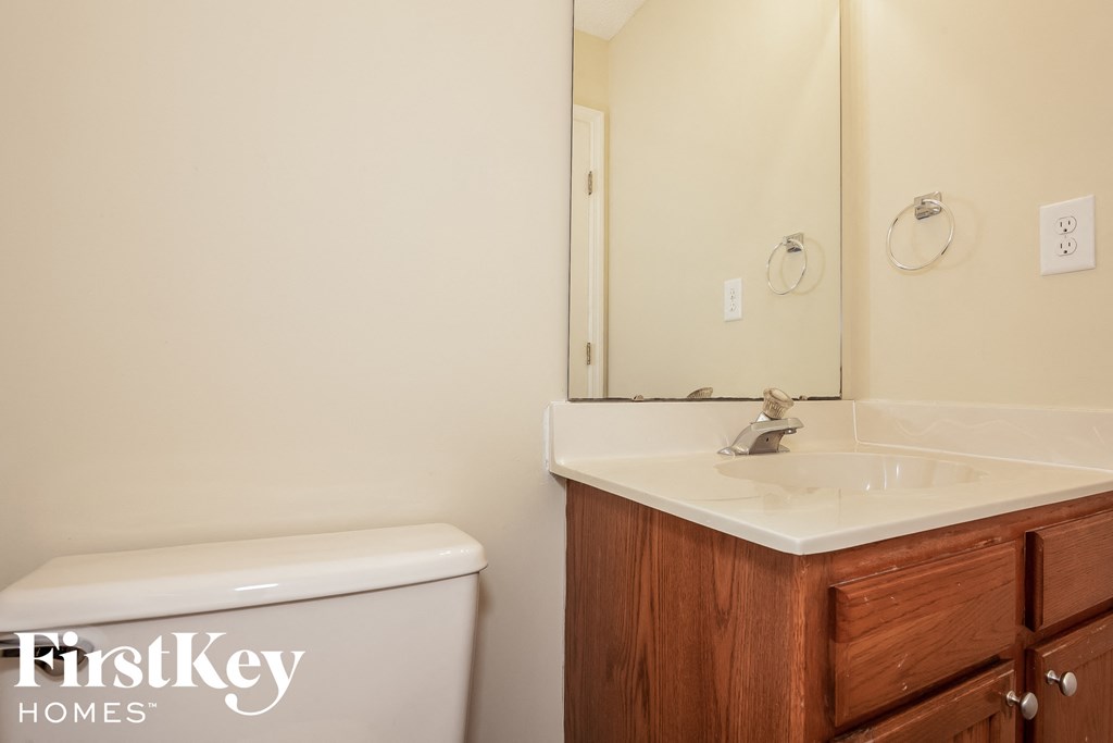 a bathroom with a sink and toilet and a mirror