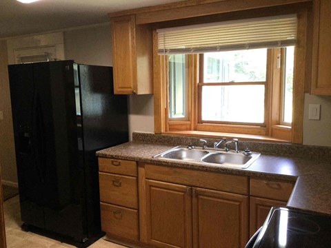 A black refrigerator sits next to a sink in a kitchen.