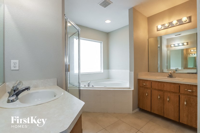 a bathroom with a sink and a shower and a mirror