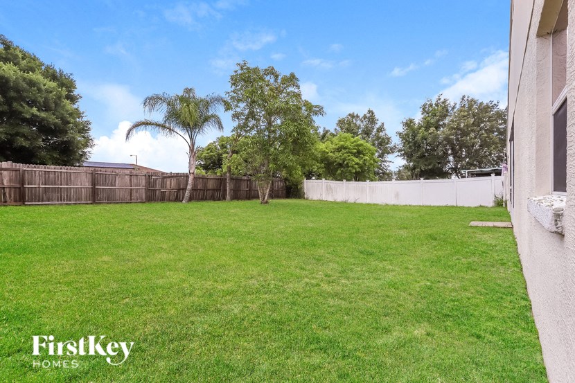 a backyard with green grass and a fence