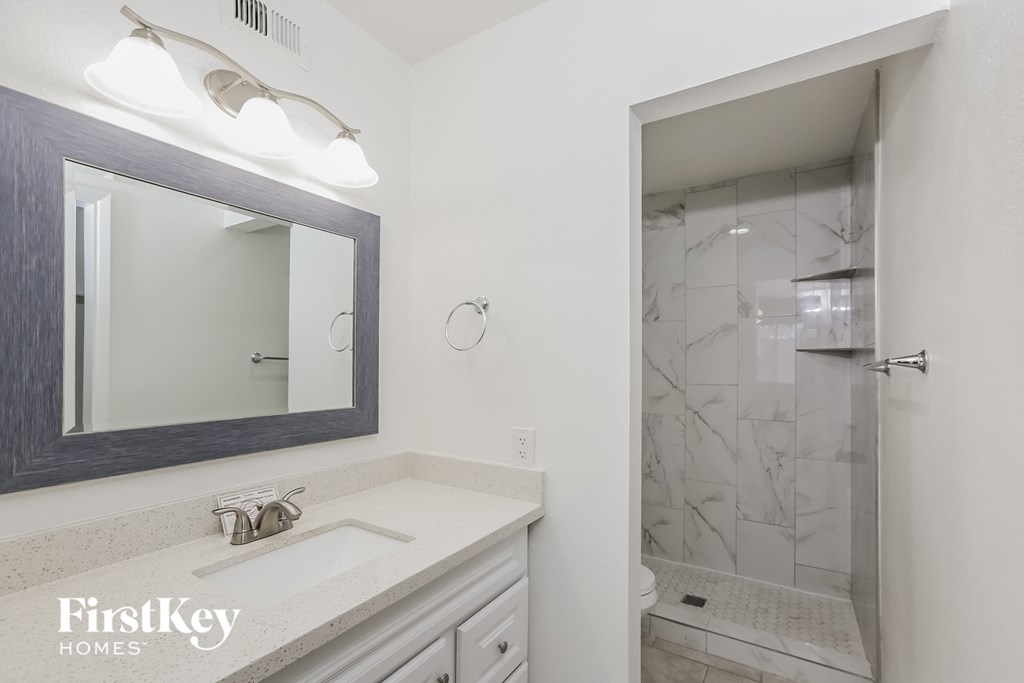 a bathroom with a sink and a mirror and a shower