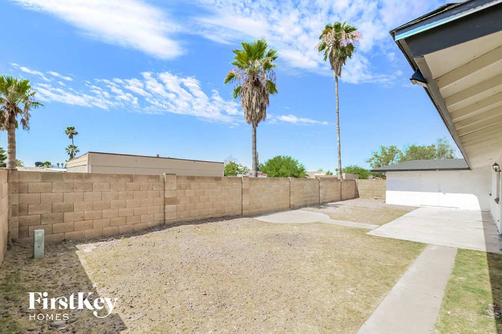 a backyard with a retaining wall and palm trees