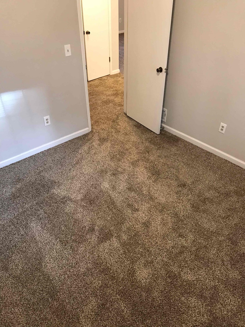 A carpeted hallway with a door on the right.