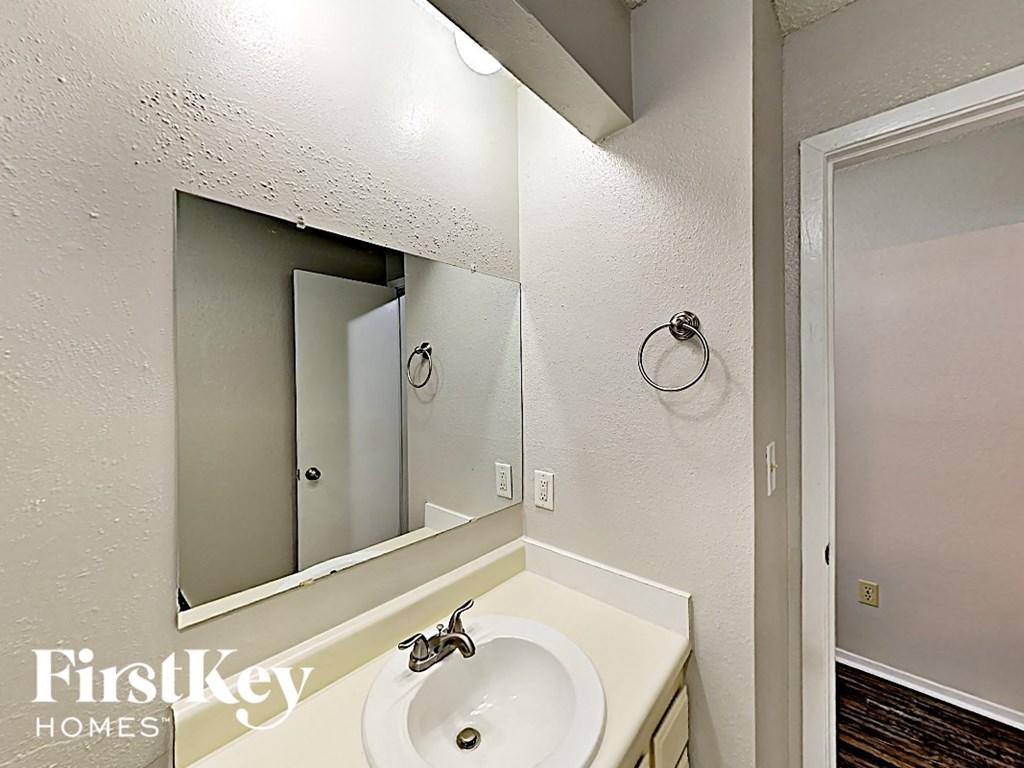 a bathroom with a white sink and a mirror