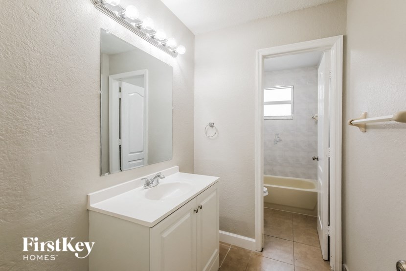 a bathroom with a sink and a mirror and a shower