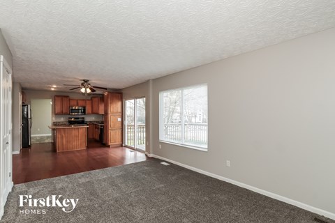 A spacious living room with a kitchen in the background and a carpet on the floor.
