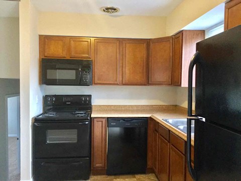 A black stove and oven in a kitchen with wooden cabinets.