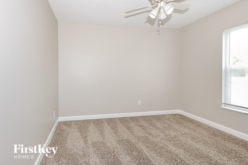 a room with carpet and a ceiling fan