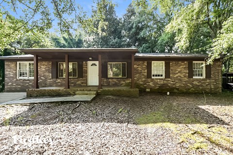 A small house with a white door and windows surrounded by trees.
