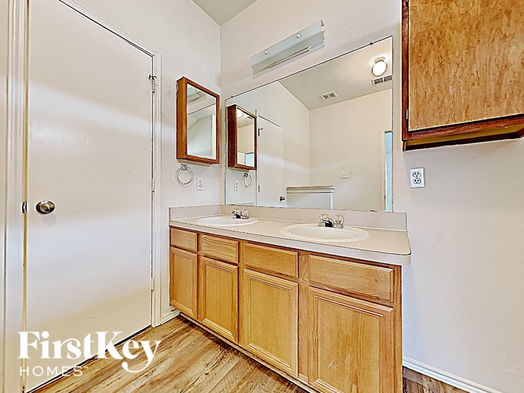 a bathroom with a sink and a mirror and a shower