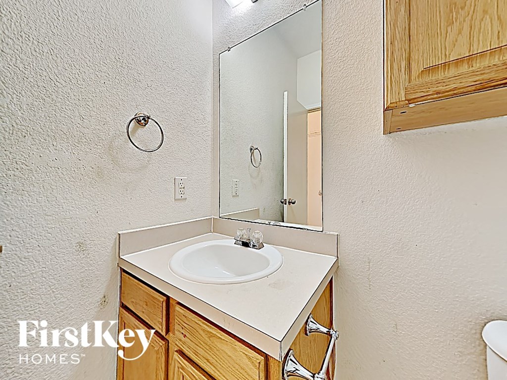 a bathroom with a sink and a mirror