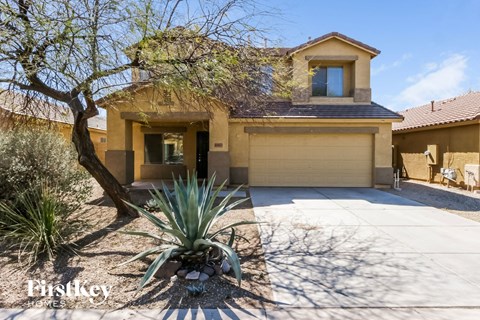a house with a palm tree in front of a driveway