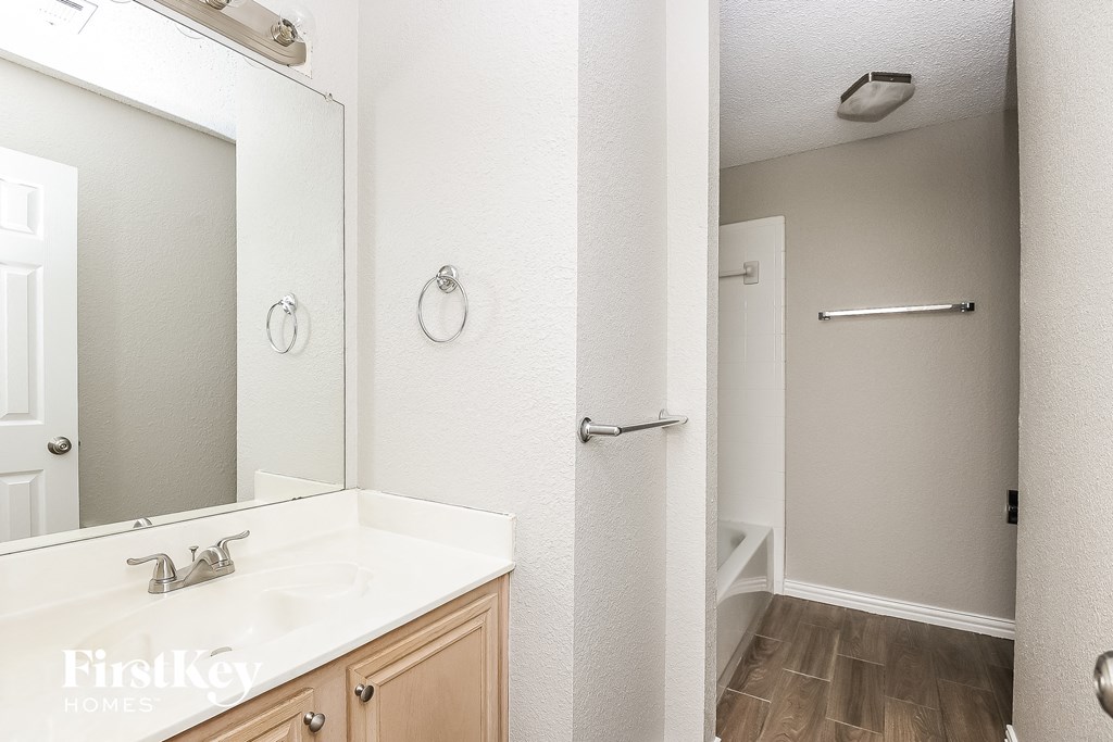 a bathroom with a sink and a shower and a mirror