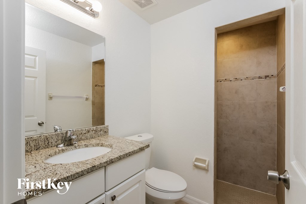a bathroom with a sink and a toilet and a shower