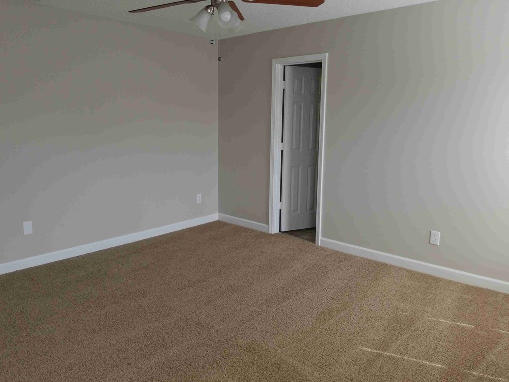 a room with a carpet and a door to a closet