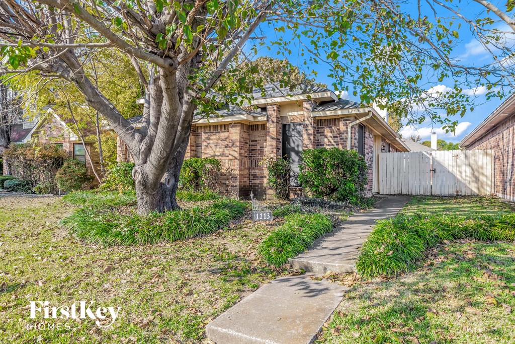A tree stands in front of a house with a fence and a pathway leading to the front door.
