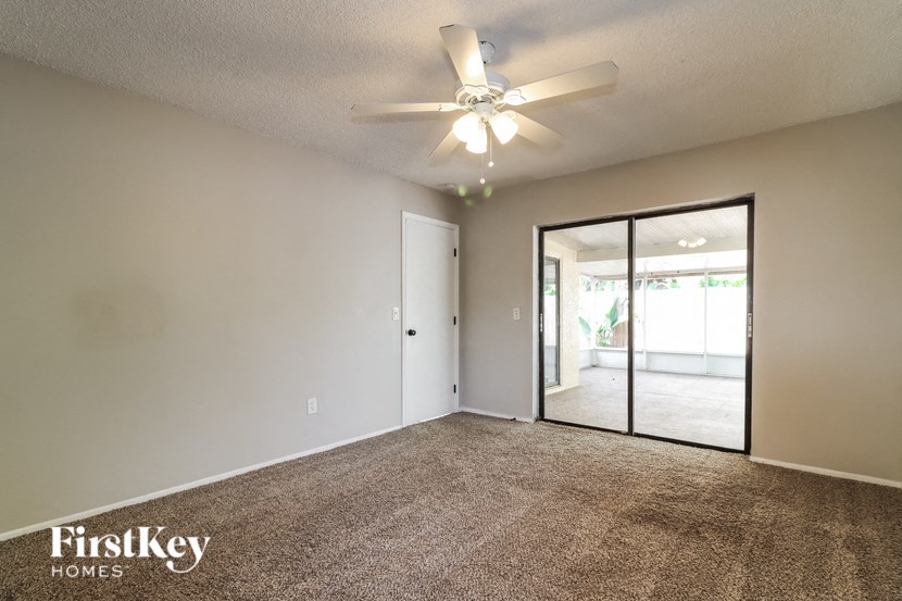 A carpeted room with a ceiling fan and sliding glass doors.