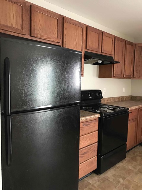 A black refrigerator and stove in a kitchen with brown cabinets.
