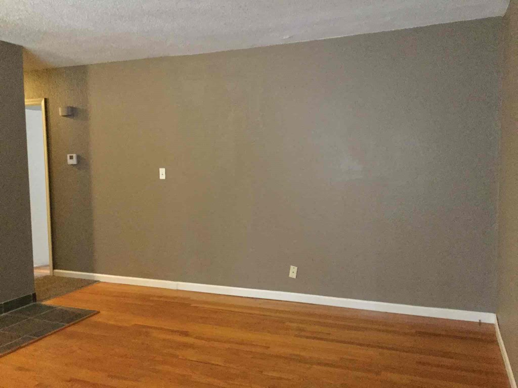 A room with wooden flooring and a grey wall.