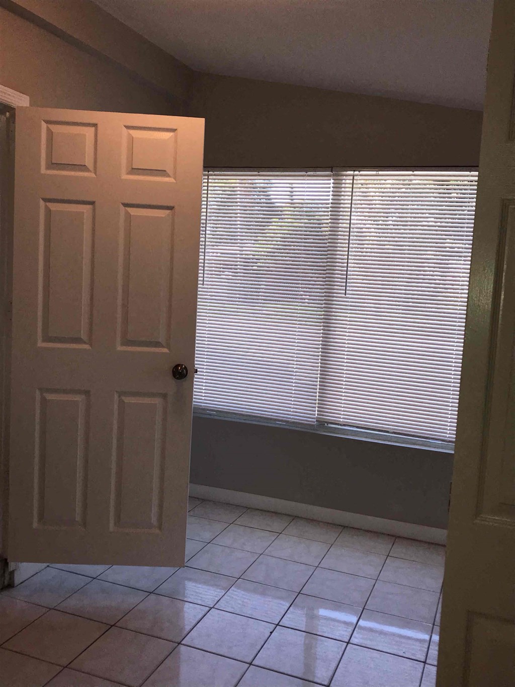 A white door is open to a room with a window covered in blinds.