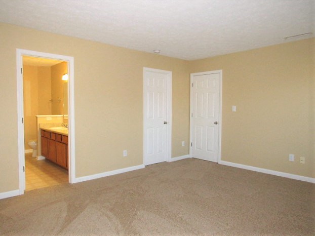 A room with a carpeted floor and two white doors.