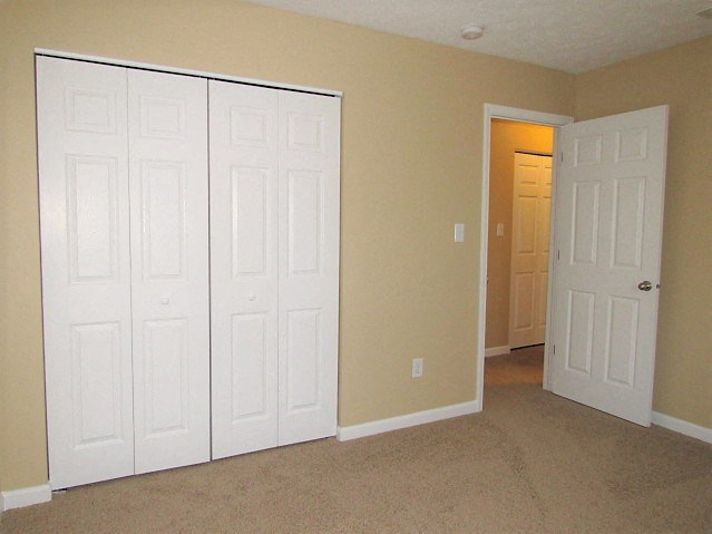 A room with a white door and a brown carpet.