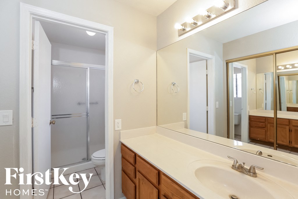 a bathroom with a sink and a mirror and a shower
