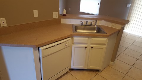 A kitchen with a sink, dishwasher and cabinets.