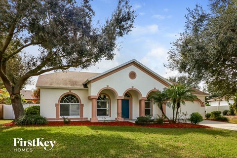 a home with a lawn and palm trees