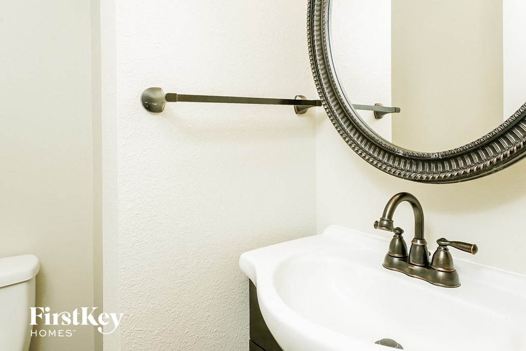 a bathroom with a sink and a mirror and a towel rack