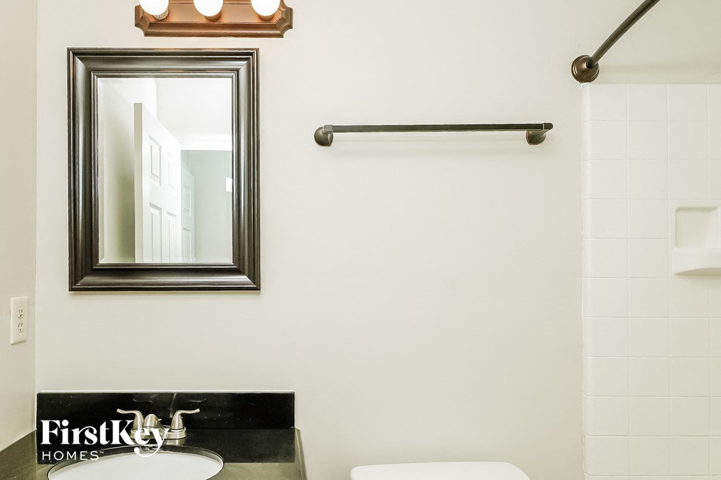 a bathroom with a mirror and a sink and a toilet