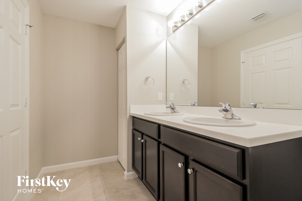 a bathroom with a sink and a large mirror