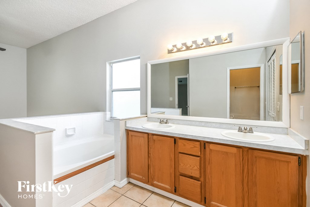 a bathroom with a sink and a mirror and a tub