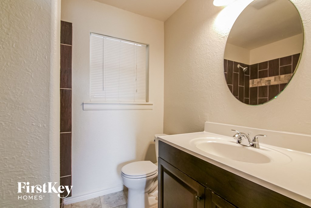 a bathroom with a sink and toilet and a mirror
