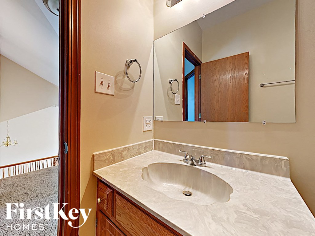 a bathroom with a sink and a large mirror