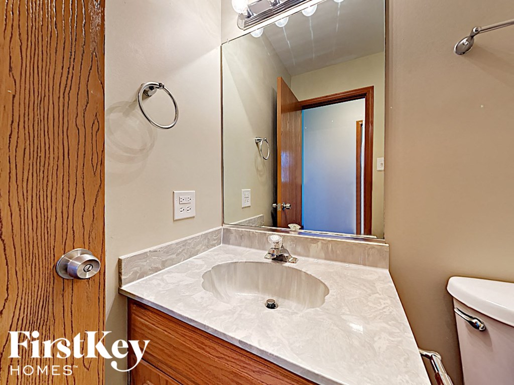 a bathroom with a sink and a mirror and a toilet