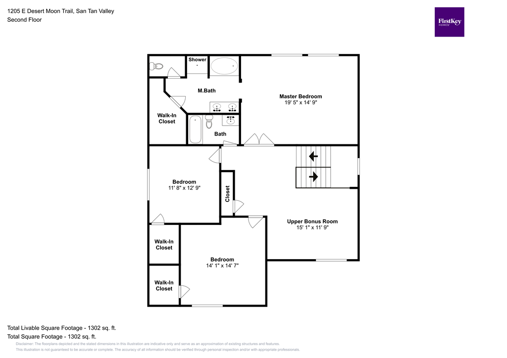 A floor plan of a two-story house with a master bedroom on the second floor.